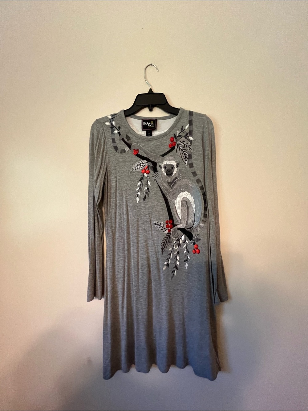 Tara Avis Gray Long-Sleeve Monkey Print embroider tunic/Dress